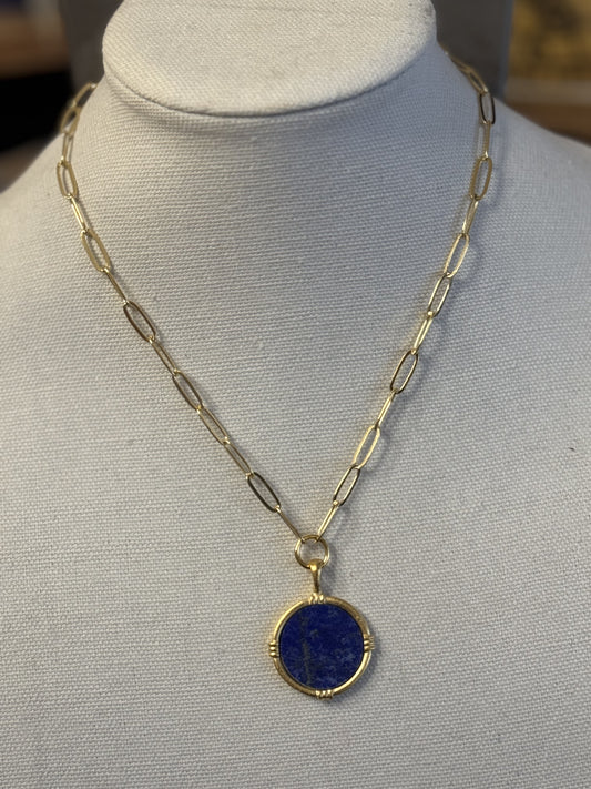 Gold Round Blue Lapis Necklace