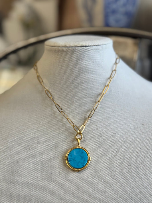 Gold Round Turquoise Necklace