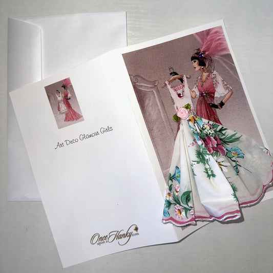 Art Deco Glamour Girl Dress Keepsake Hanky Card - Pink tulips