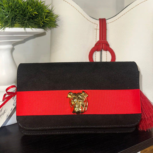 Lisi Lerch Black Suede Ruby Bag Bulldog Face & Red Triple Tassel