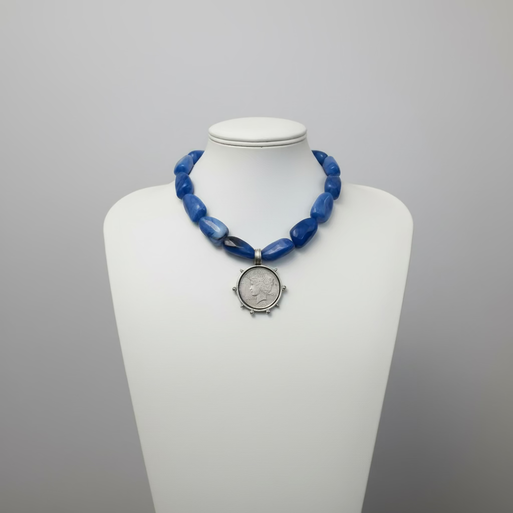 Vintage Silver and Blue Coin Necklace