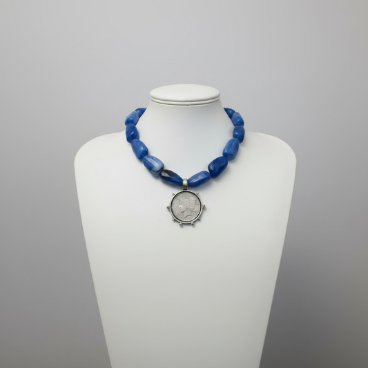 Vintage Silver and Blue Coin Necklace