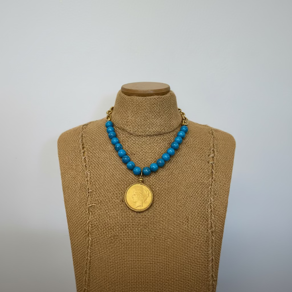 Vintage Gold Coin with Turquoise Stones Necklace