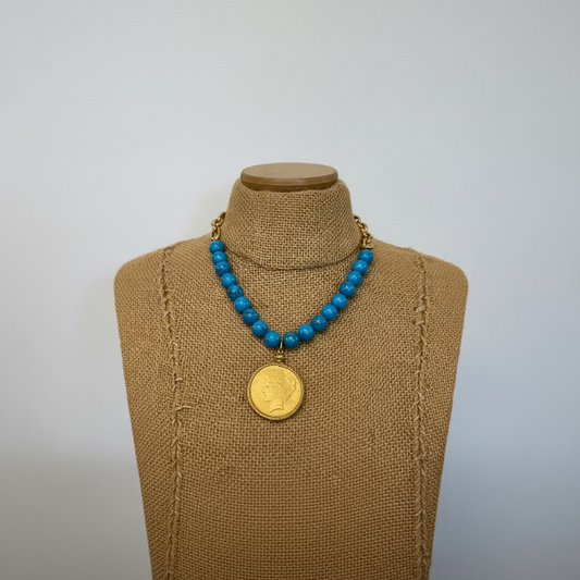 Vintage Gold Coin with Turquoise Stones Necklace