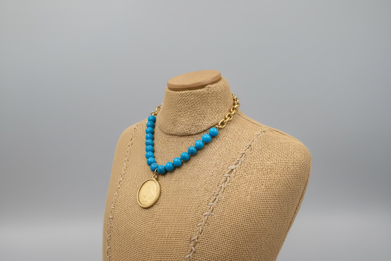 Vintage Gold Coin with Turquoise Stones Necklace