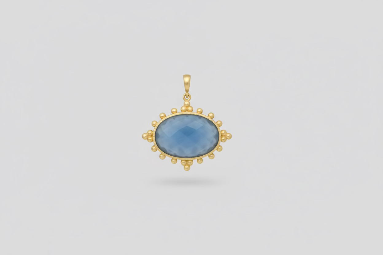 Gold Oval Faceted Blue Chalcedony Pendant