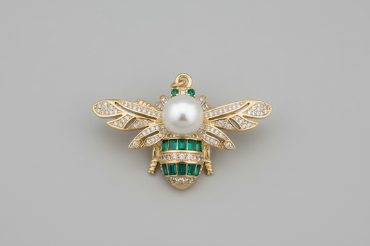 Bee Gold Charm with Pearl and Green Gems
