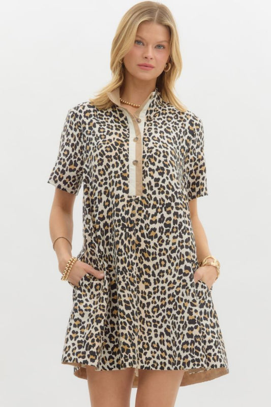 Leopard Print Pullover Mini Dress – Multicolor Band Collar