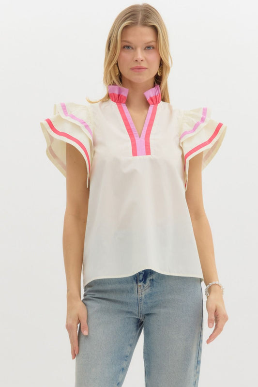 White/Pink Flutter Sleeve Poplin Blouse