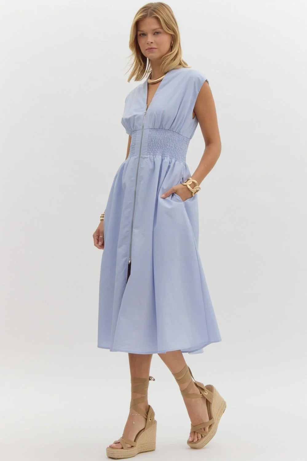 Baby Blue Whisper Zip-Up Midi Dress