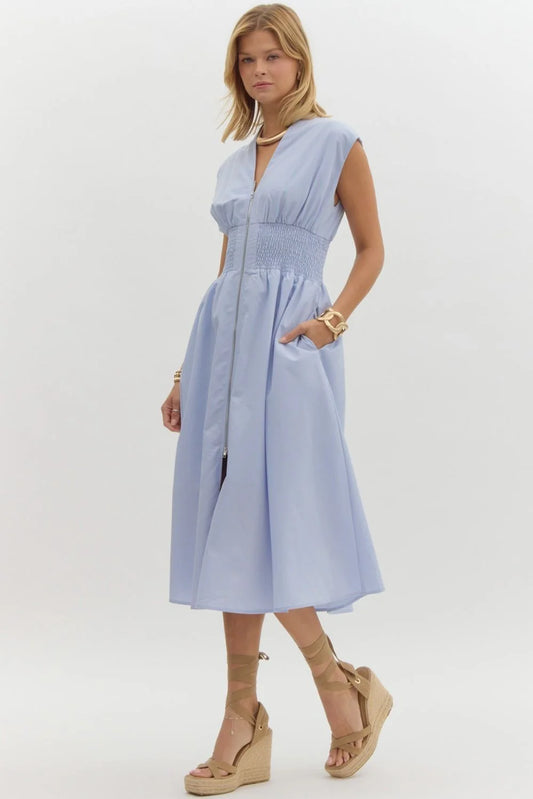 Baby Blue Whisper Zip-Up Midi Dress