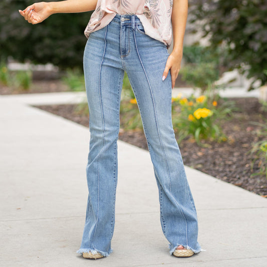 Judy Blue Flare Front Pintuck Detail & fray Hem