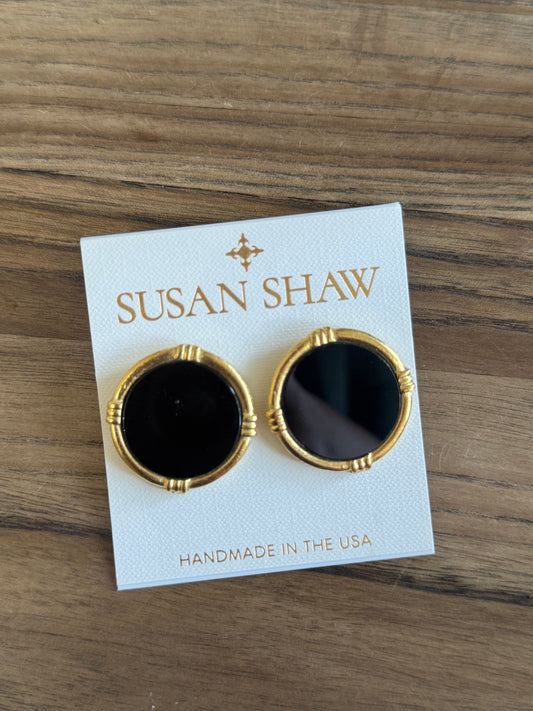 Gold Round Black Onyx Post Earrings