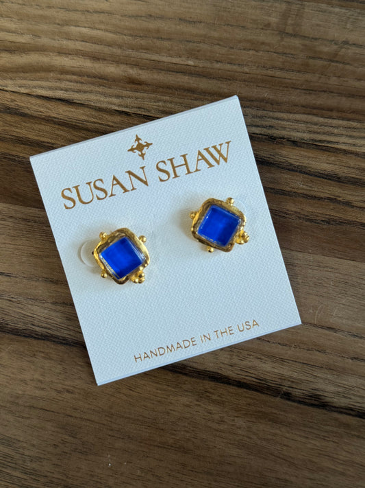 Gold Square Blue French Glass Stud Earrings