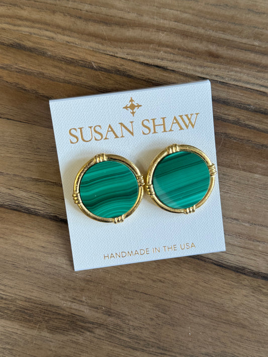 Gold Round Malachite Post Earrings