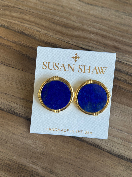 Gold Round Blue Lapis Post Earrings