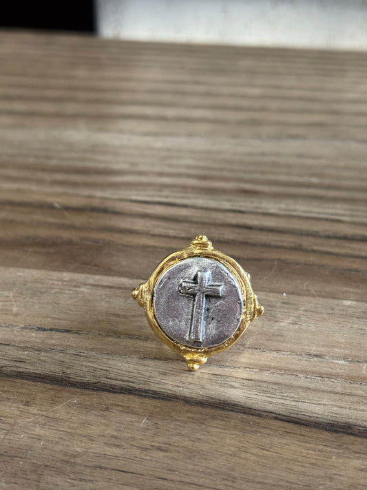 Handcast Gold & Silver Cross Ring