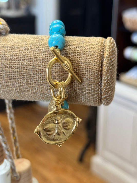 Hand-Cast Gold Bee & Turquoise Beads Bracelet
