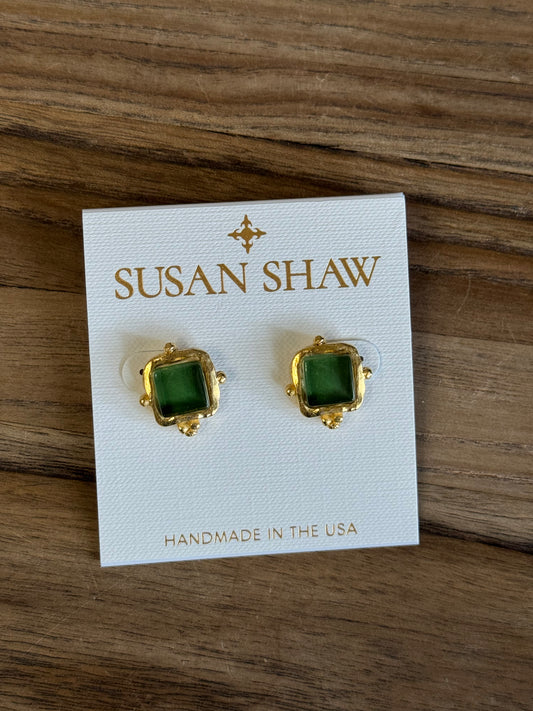 Gold Square Emerald French Glass Stud Earrings