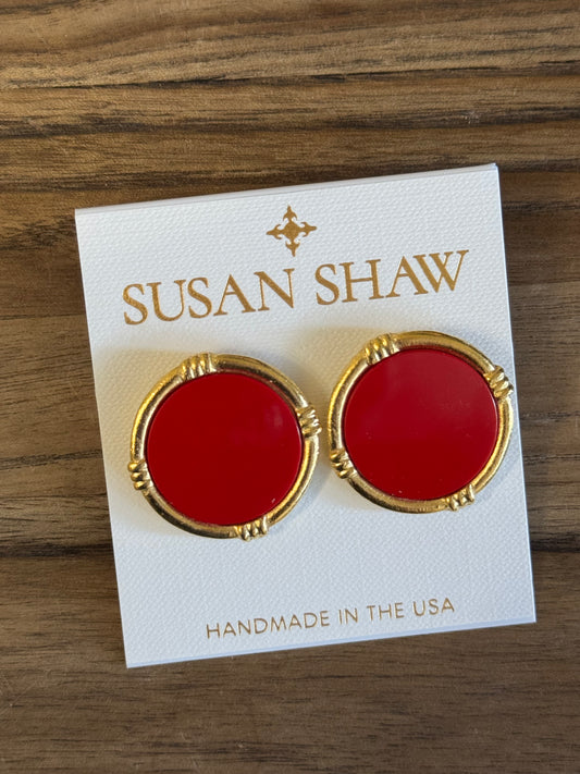 Gold Round & Red Coral Stud Earrings