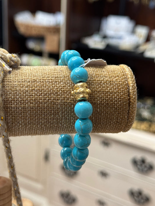 Hand-Cast Gold Bead & Blue Turquoise Stretch Bracelet