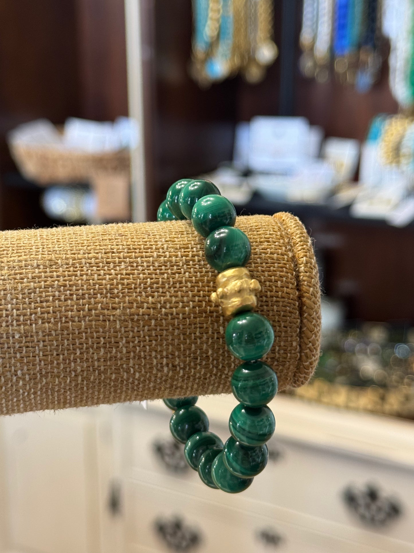 Handcast Gold Bead & Malachite Stretch Bracelet