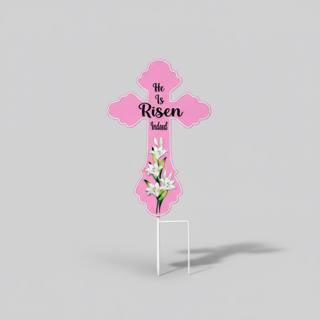 “He Is Risen” Metal Cross Yard Art Sign – Pink, Blue, or Peach