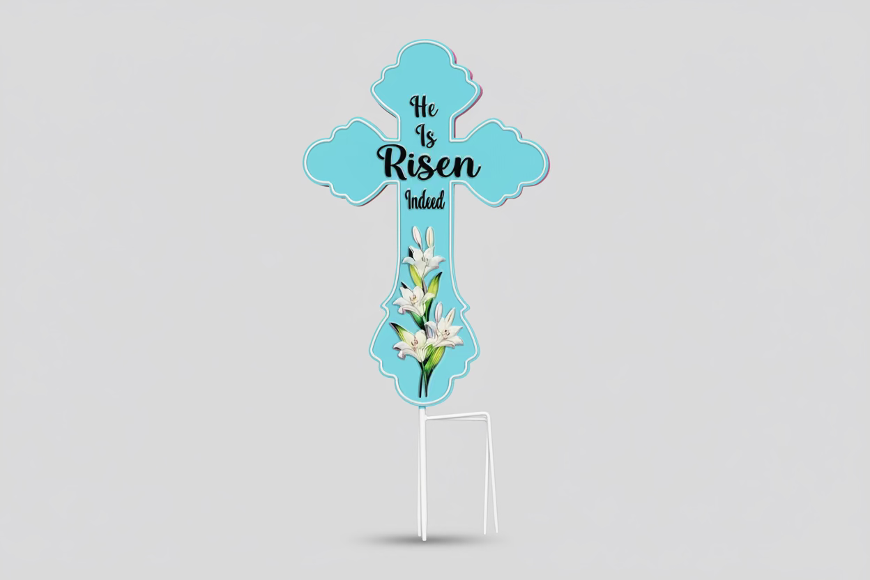 “He Is Risen” Metal Cross Yard Art Sign – Pink, Blue, or Peach