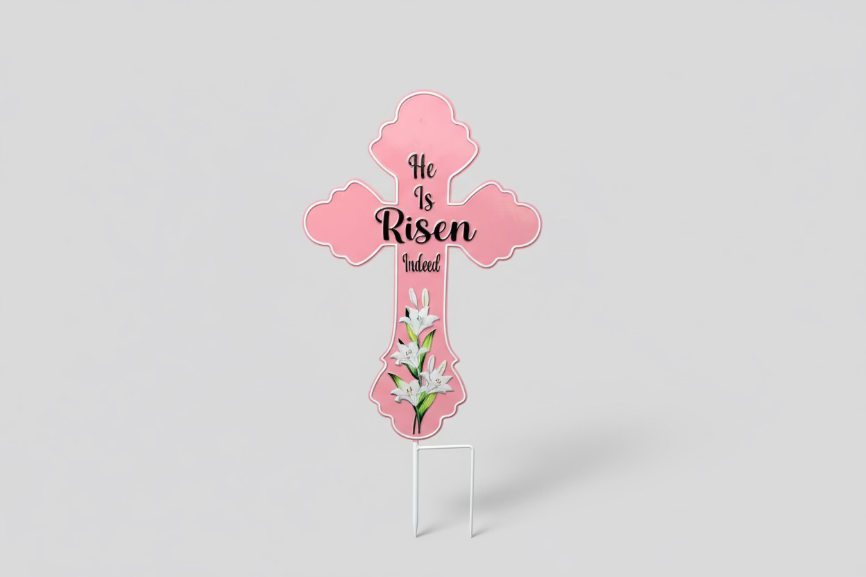 “He Is Risen” Metal Cross Yard Art Sign – Pink, Blue, or Peach