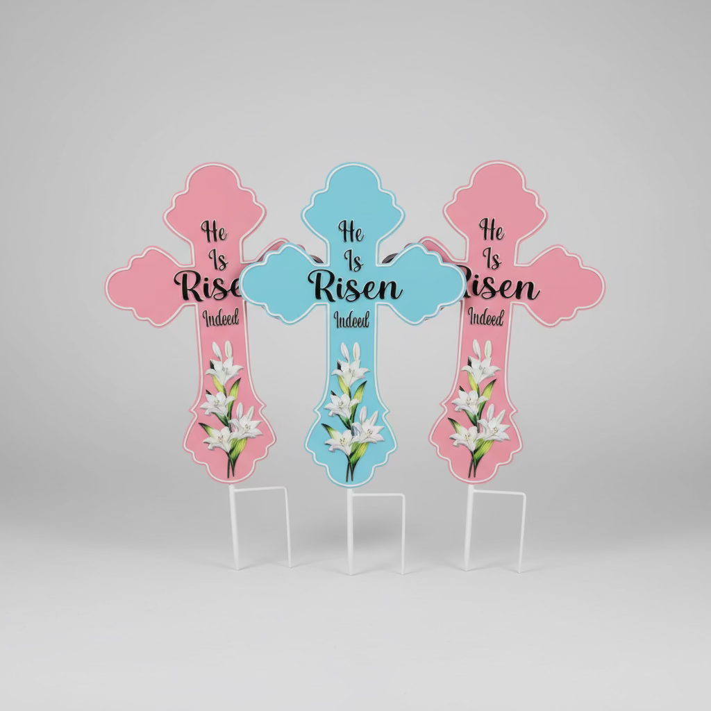 “He Is Risen” Metal Cross Yard Art Sign – Pink, Blue, or Peach