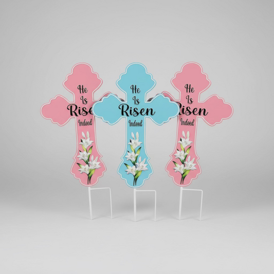 “He Is Risen” Metal Cross Yard Art Sign – Pink, Blue, or Peach