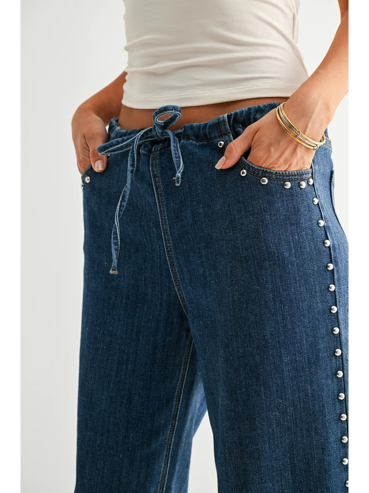 Kai Studded Drawstring Wide Leg Jeans