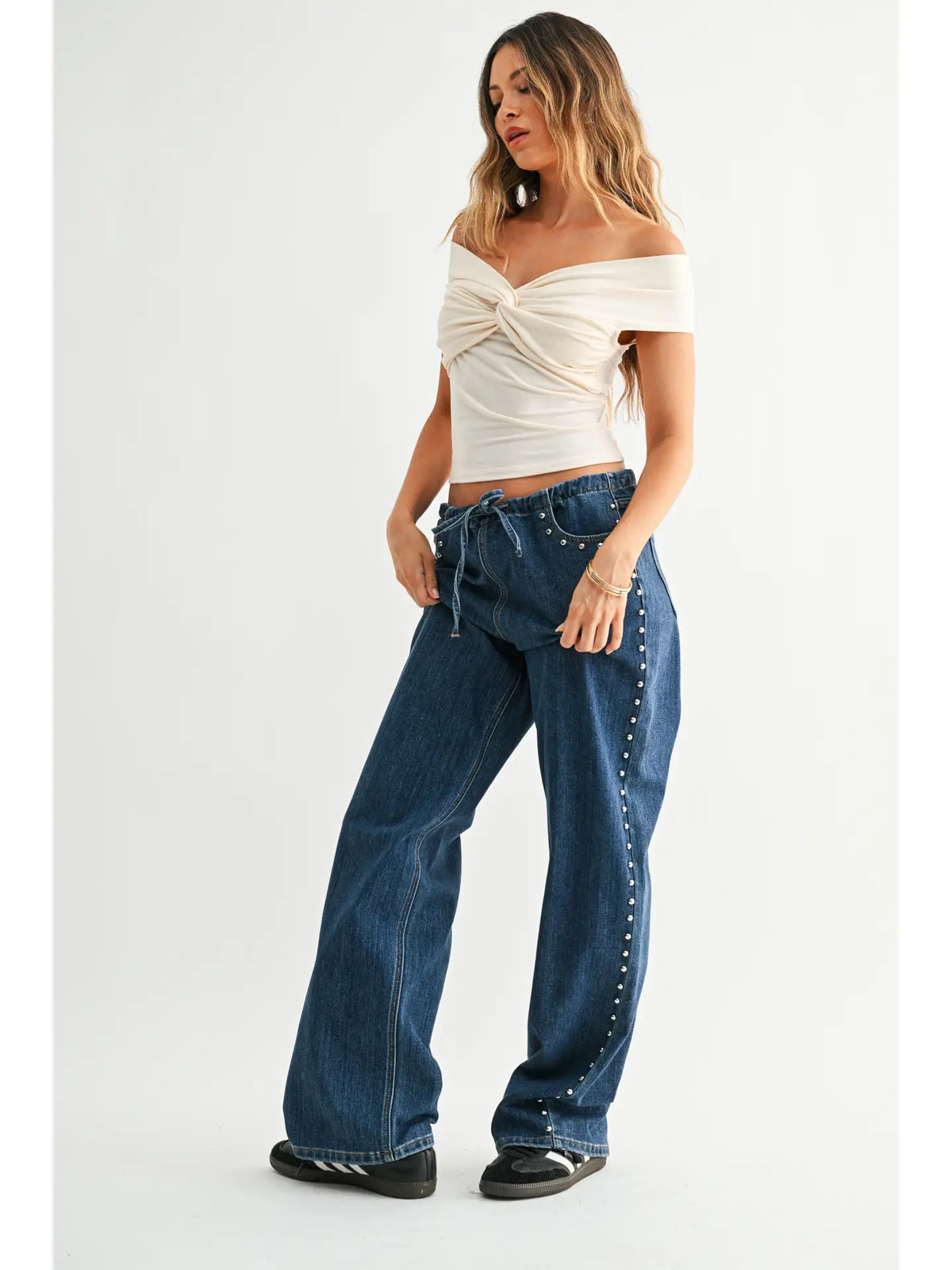 Kai Studded Drawstring Wide Leg Jeans
