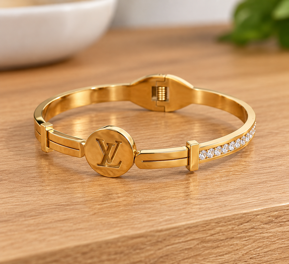Louis Vuitton-Inspired Gold Monogram Crystal Bangle