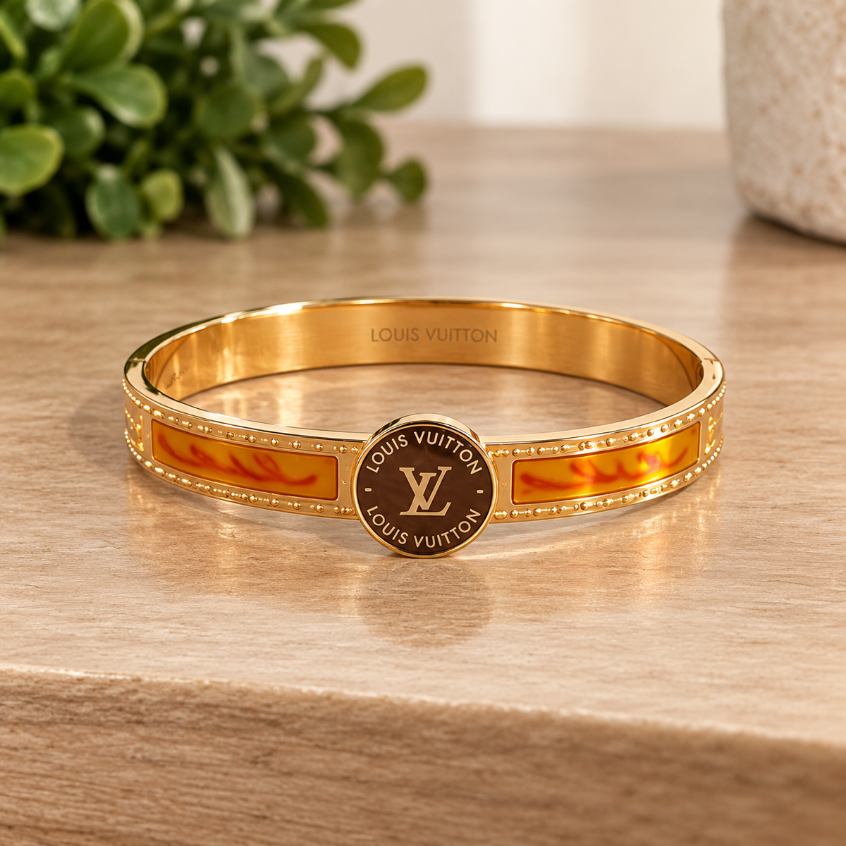 Designer-Inspired Gold & Amber Enamel Bangle