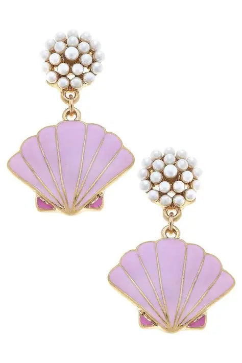 Enamel Scallop Shell Pearl Cluster Drop Earring in Pink