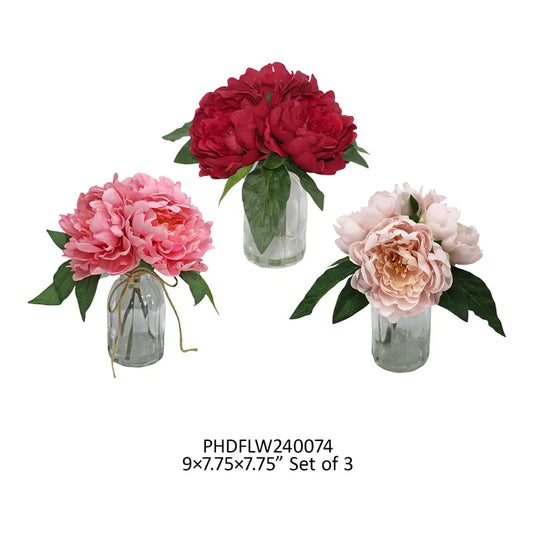Assorted Set of 3 Garden Peonies in Clear Vase