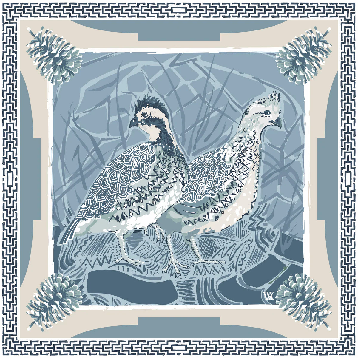 Austin Williams Blue Quail Pair 25x25 Scarf
