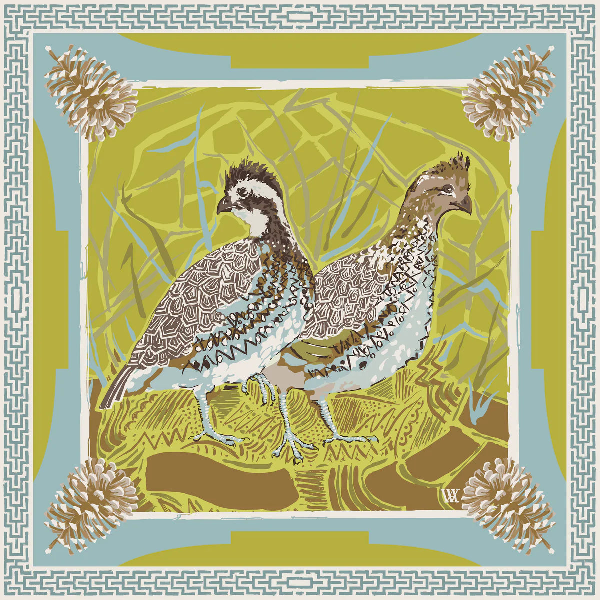 Austin Williams Chartreuse Quail Pair 25x25 Scarf