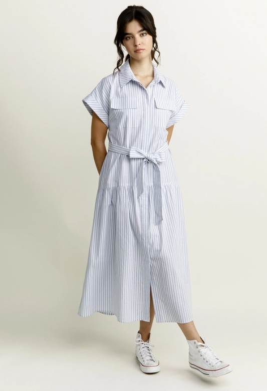 Blue & White Striped Linen Maxi Dress