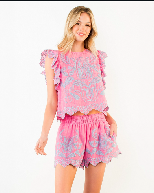 Flutter Sleeve Embroidery Detail Top