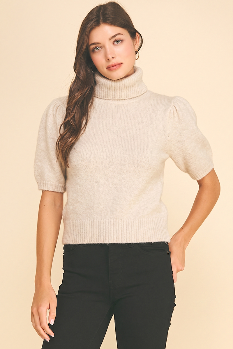 TURTLE NECK PUFFED SLEEVE KNIT SWEATER
