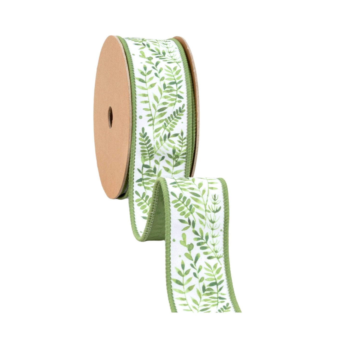 1 1/2" Wired Dupioni Ribbon | Ferns on White w/ Green Backing | 10 Yard Roll