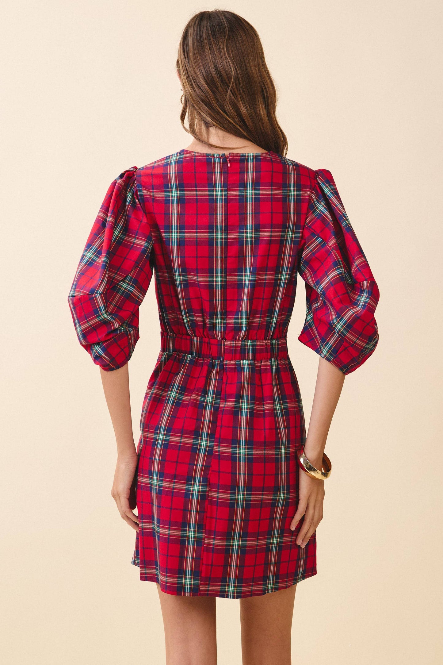 Plaid Puff Sleeves Cascading Ruffle Detail Dress
