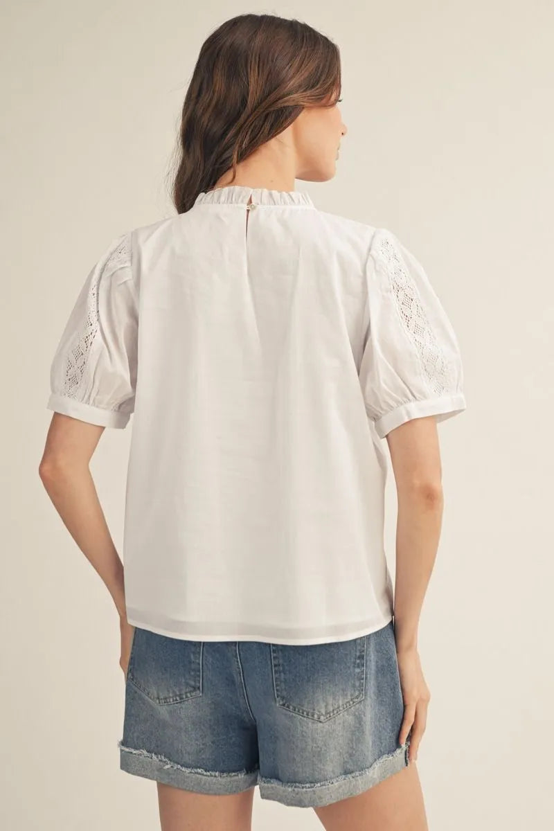 Jodiful White Puff Sleeve Lace Detail Top
