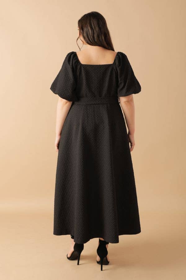Plus size black textured woven midi dress