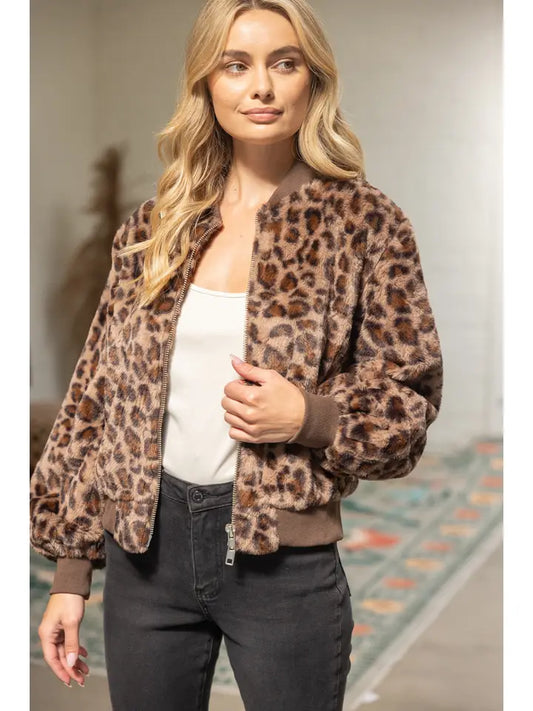 Leopard Printed Fur Bomber Jacket