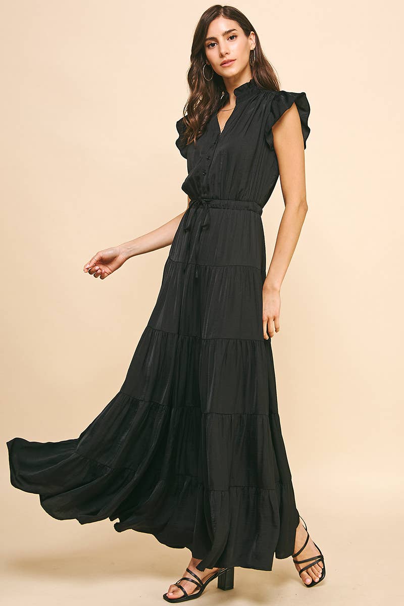 Black Satin Tiered Maxi Dress