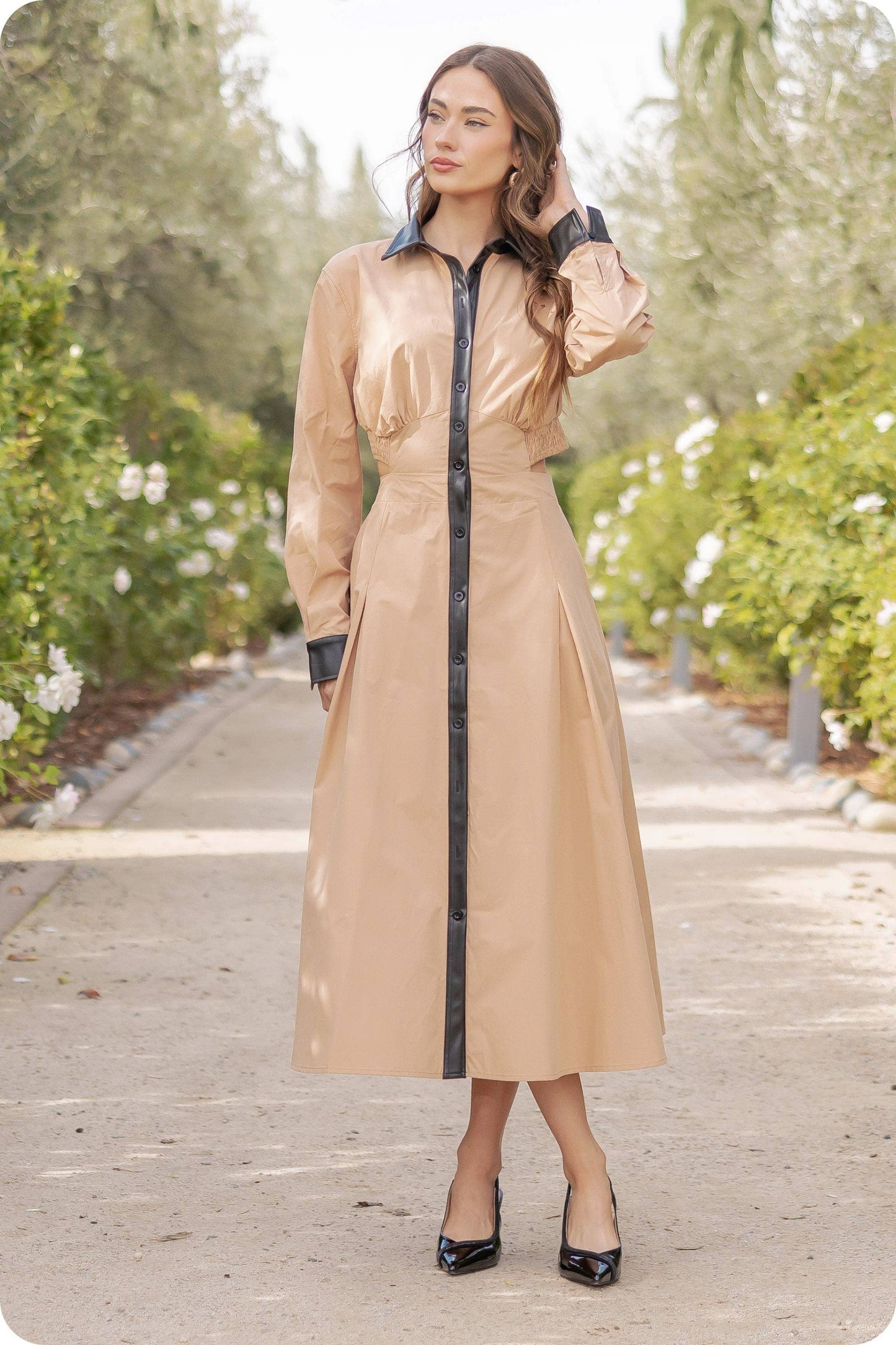 Faux Leather Contrast Poplin Long Shirt Dress