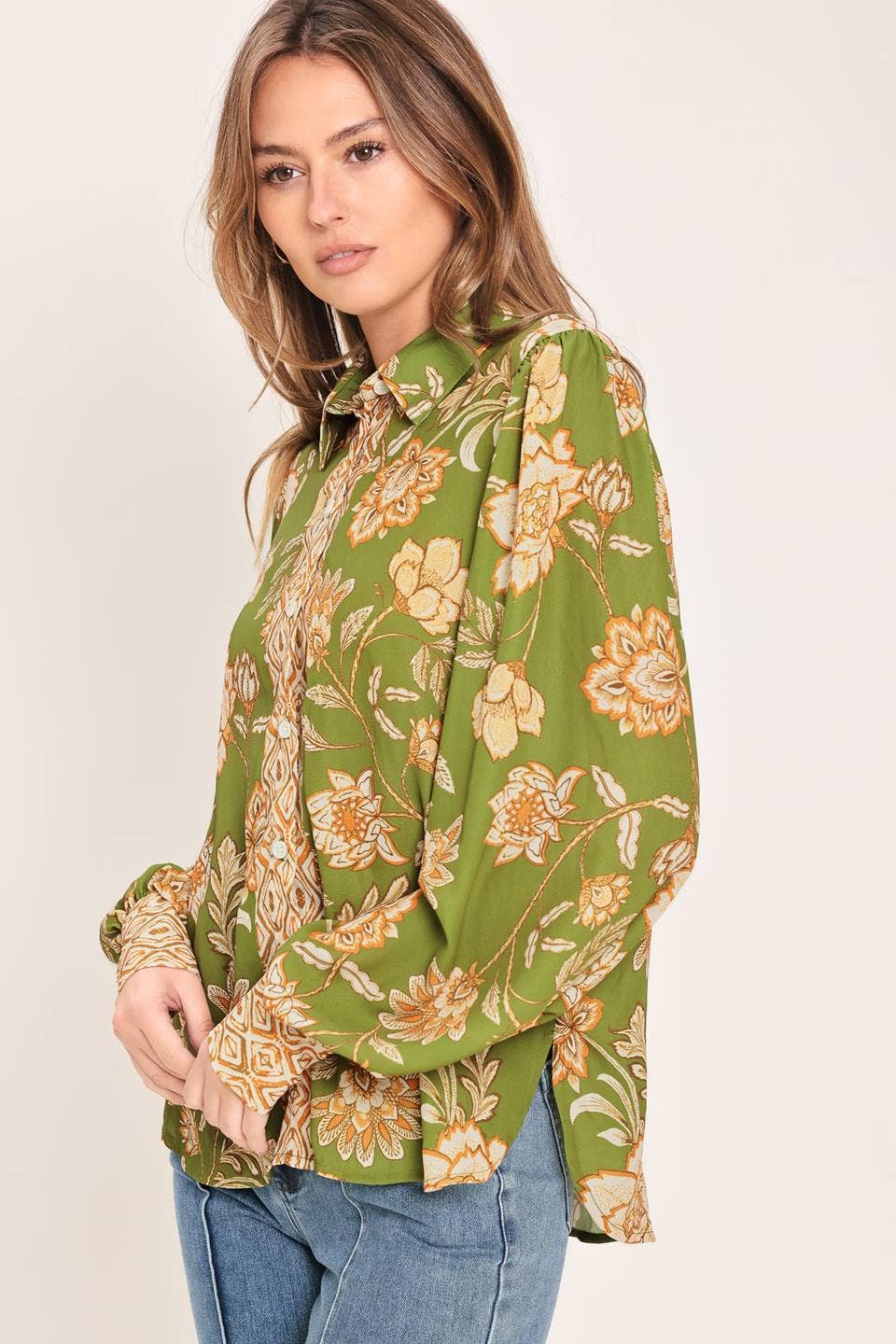 Olive Botanical Print Button-Down Blouse